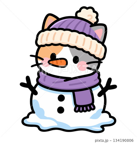 Cartoon Cat Snowman With Hat And Scarf 134190806