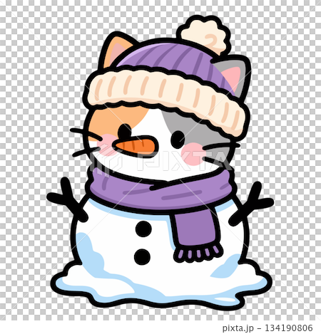 Cartoon Cat Snowman With Hat And Scarf 134190806