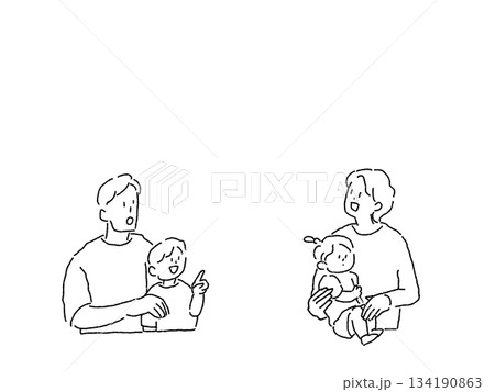 上を見上げる家族、線画 上を見上げる家族、線画 134190863