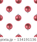 Seamless pattern of Christmas tree balls. Watercolor illustration of a red New Year's ornament. Hand drawn on white isolated background. Water color painting for print or gift wrapping paper 134191136