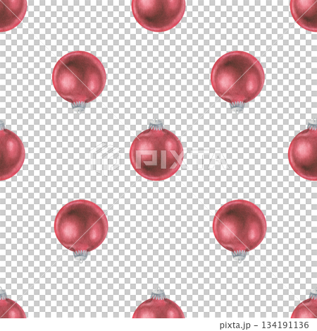 Seamless pattern of Christmas tree balls. Watercolor illustration of a red New Year's ornament. Hand drawn on white isolated background. Water color painting for print or gift wrapping paper 134191136
