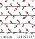 Seamless pattern of Christmas red garlands. Watercolor illustration of a festive lights. Hand drawn vintage sketch on white isolated background. New Year's striped texture. Water color painting art 134191137
