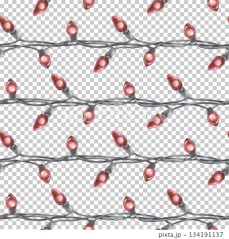 Seamless pattern of Christmas red garlands. Watercolor illustration of a festive lights. Hand drawn vintage sketch on white isolated background. New Year's striped texture. Water color painting art Seamless pattern of Christmas red garlands. Watercolor illustration of a festive lights. Hand drawn vintage sketch on white isolated background. New Year's striped texture. Water color painting art 134191137