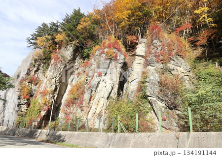紅葉に染まる絶壁 長野県高山村 紅葉に染まる絶壁 長野県高山村 134191144