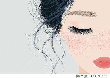まつエク後の女性の目元アップ・自然で美しい仕上がりの美容イラスト 134191167