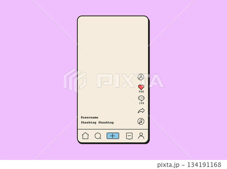 Vertical video app interface in retro vaporwave style. Mobile screen layout with avatar, likes, comments, share icons, and video player elements. Flat Style Vector Illustration. 134191168