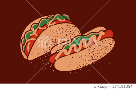 タコスとホットドッグのイラスト ビンテージカラー タコスとホットドッグのイラスト ビンテージカラー 134191354