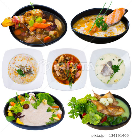 Set of various soups and broths Set of various soups and broths 134191409