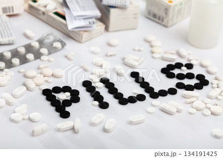 Various pills and medical pills, antibiotics closeup 134191425