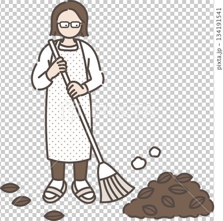 落ち葉の掃除をする40代女性のイラスト 134191541