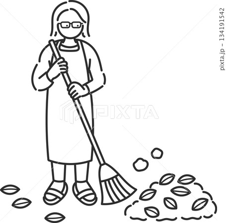 落ち葉の掃除をする40代女性のイラスト　線画のみ 134191542