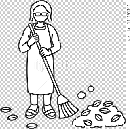 落ち葉の掃除をする40代女性のイラスト　線画のみ 134191542