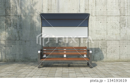 Bus Stop Bench with Shelter and Blank Advertising Panel Mock up. 3D Rendering. 134191619