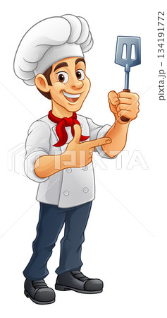 Chef Baker Cook Cartoon Man Spatula Pointing 134191772