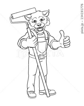 Wolf Painter Decorator Paint Roller Mascot Man Wolf Painter Decorator Paint Roller Mascot Man 134191776