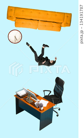 Vivid composition businessman falling between yellow sofa and office desk. Vivid composition businessman falling between yellow sofa and office desk. 134191787