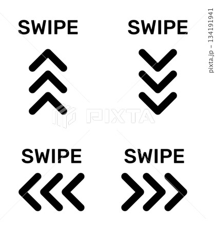 Swipe arrows icon set with rounded minimalist chevron symbols for navigation, interface gestures, mobile UI prompts and direction guides. Modern black vector arrows pointing up down left right 134191941