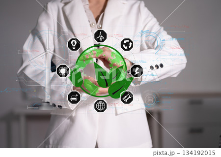 Businesswoman using computer on CO2 emission reduction concept with global warming icon. along with climate, energy, sustainability, environment. 134192015