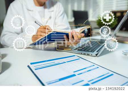 Medicine doctor hand working with modern digital tablet computer and smartphone interface as medical network concept. Medicine doctor hand working with modern digital tablet computer and smartphone interface as medical network concept. 134192022