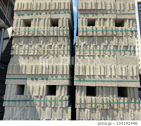 Concrete block on construction site, cement block pallet Concrete block on construction site, cement block pallet 134192446