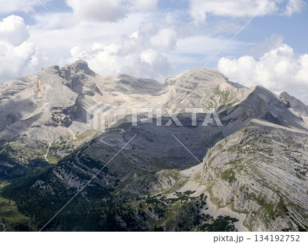 Peaks of Dolomites mountains Fanes panorama in summer season landscape view from Col Bechei Peaks of Dolomites mountains Fanes panorama in summer season landscape view from Col Bechei 134192752