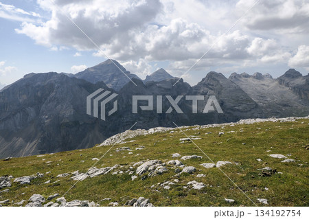 Peaks of Dolomites mountains Fanes panorama in summer season landscape view from Col Bechei 134192754