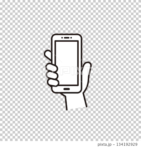 簡單的向量插圖，一隻手拿著智慧型手機，展示了螢幕表面。 134192929