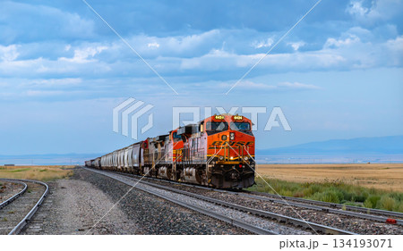 Moccasin, Montana - August 20, 2025: A BNSF freight train, locomotive ET44AC 6424, travels through the rural plains of central Montana under a dramatic cloudy sky 134193071