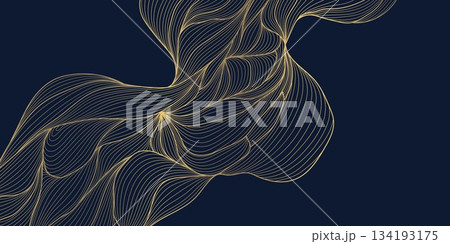Elegant gold wave pattern, soft linear curves, art deco elements, Japanese, Chinese. Luxury abstract vector flowing background, texture, organic packaging. 134193175