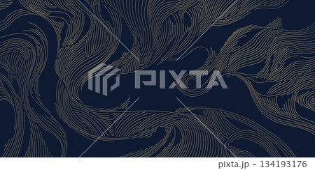 Elegant gold wave pattern, soft linear curves, art deco elements, Japanese, Chinese. Luxury abstract vector flowing background, texture, organic packaging. 134193176