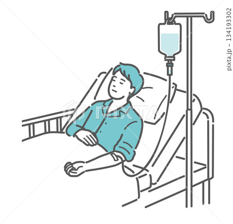 入院して点滴を受ける男性患者のイラスト（安静・治療） 134193302