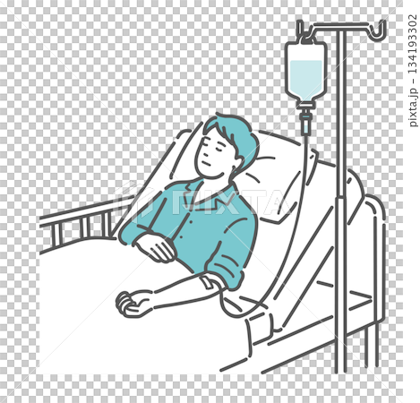 入院して点滴を受ける男性患者のイラスト（安静・治療） 134193302