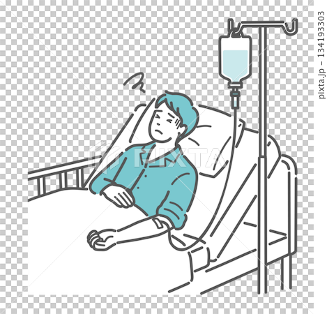 Illustration of a male patient who seems unwell during an IV drip (side effects, poor health) 134193303