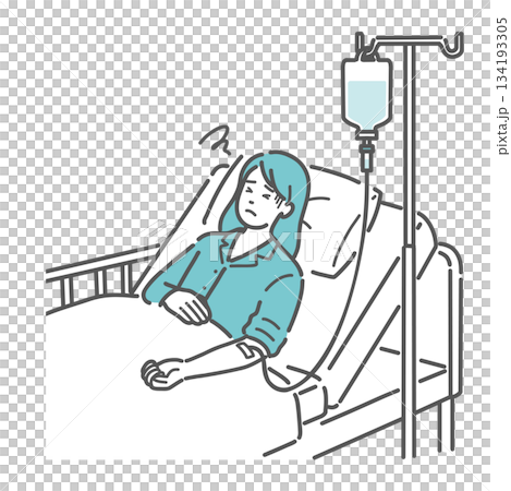 Illustration of a female patient who seems unwell during an IV drip (side effects, poor health) 134193305