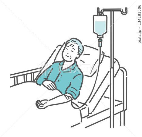 入院して点滴を受ける高齢の男性患者のイラスト（安静・介護） 134193306
