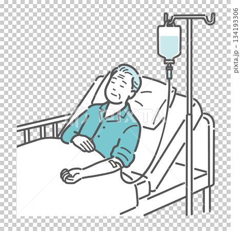 入院して点滴を受ける高齢の男性患者のイラスト（安静・介護） 134193306