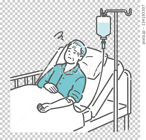 圖說：一位老年男性患者在靜脈輸液過程中似乎感到不適（副作用/突發變化） 134193307