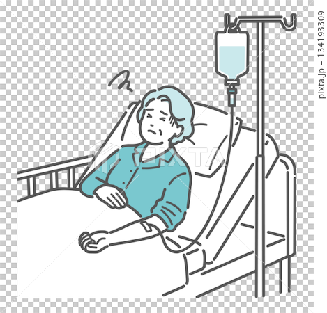 点滴中に気分が悪そうな高齢の女性患者のイラスト（副作用・急変） 134193309