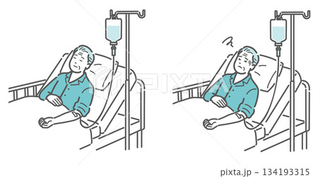点滴を受ける高齢男性患者の比較イラスト(安静 vs 副作用・急変) 点滴を受ける高齢男性患者の比較イラスト(安静 vs 副作用・急変) 134193315
