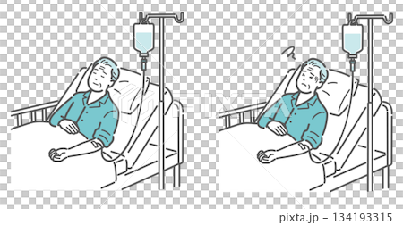 老年男性患者接受靜脈輸液的對比圖示(休息 vs. 副作用/突然變化) 老年男性患者接受靜脈輸液的對比圖示(休息 vs. 副作用/突然變化) 134193315