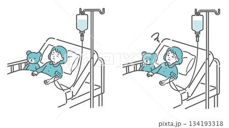 点滴を受ける女の子の比較イラスト(安静 vs 副作用・体調不良) 点滴を受ける女の子の比較イラスト(安静 vs 副作用・体調不良) 134193318