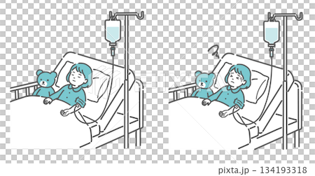 点滴を受ける女の子の比較イラスト(安静 vs 副作用・体調不良) 点滴を受ける女の子の比較イラスト(安静 vs 副作用・体調不良) 134193318