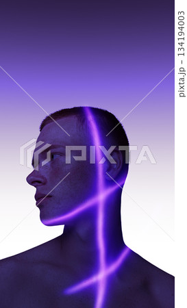 Futuristic poster of male portrait crossed by vivid purple luminous line 134194003