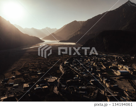 Aerial view of beautiful snow mountains and lake in Tibet,China 134194061