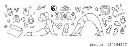 Fitness Yoga Doodle Set. Pilates, Girl Athlete Stretching in Asana. Healthy Lifestyle, Wellness Accessories, Sport Dumbbell And Kettlebell. Isolated Outline Hand Drawn. Vector illustration. Not AI Fitness Yoga Doodle Set. Pilates, Girl Athlete Stretching in Asana. Healthy Lifestyle, Wellness Accessories, Sport Dumbbell And Kettlebell. Isolated Outline Hand Drawn. Vector illustration. Not AI 134194237