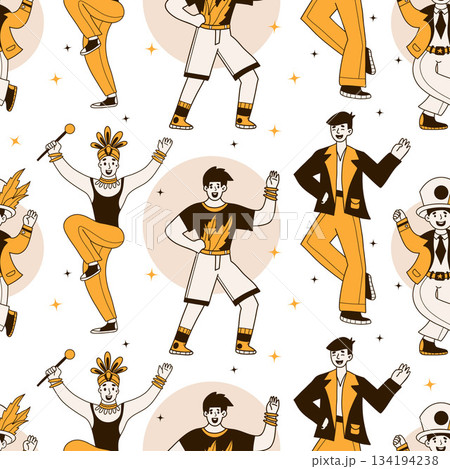 Carnival Men Dancers Seamless Pattern. Happy Party Male Character in Masquerade Costumes on White Background. Color Hand-Drawn Doodle. Vector Illustration. Not AI 134194238