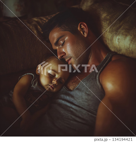 ソファで寄り添って眠る大人と子どもの温かな時間 134194421