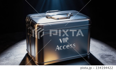 VIP access box featuring metallic finish illuminated by spotlight in dark setting 134194422