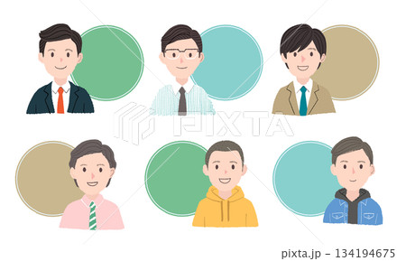 笑顔の男性6人のプロフィール用フレーム｜手描きタッチのイラストアイコン 134194675