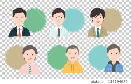 笑顔の男性6人のプロフィール用フレーム｜手描きタッチのイラストアイコン 134194675